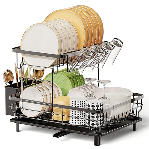 LIONONLY Dish Drying Rack, 2 Tier Dish Rack, Multifunctional Dish Drainer Rack Set, Dish Strainers for Kitchen Counter, Space Saving Drying Rack with Fork Holder, Black