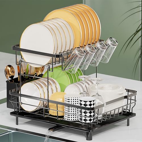 LIONONLY Dish Drying Rack, 2 Tier Dish Rack, Multifunctional Dish Drainer Rack Set, Dish Strainers for Kitchen Counter, Space Saving Drying Rack with Fork Holder, Black