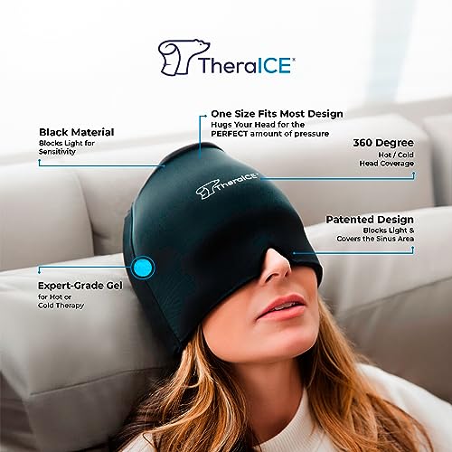 TheraICE Migraine Relief Cap, Soothing Headache Hat Ice Pack Mask, Face Cold Compress Cooling Gel Head Wrap Products for Tension, Stress & Hangover