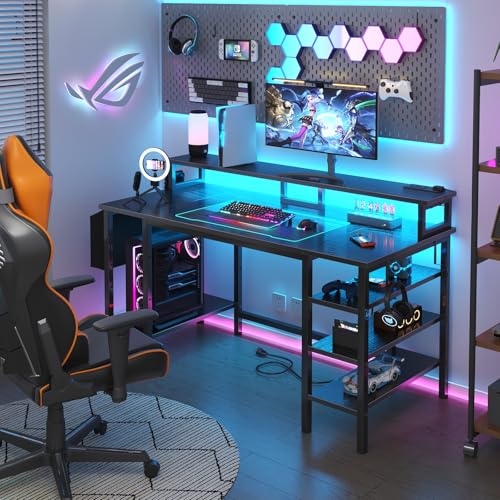 Lufeiya Gaming Desk with LED Lights and Storage Shelves, 47 inch Computer Desk with Power Outlets, Home Office Desk with Monitor Stand, Writing Table PC Desks, Black