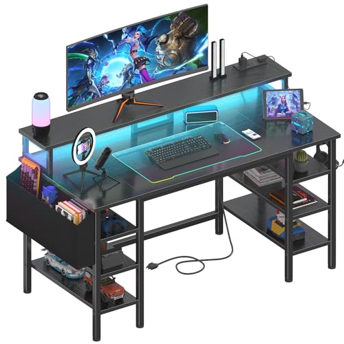 Lufeiya Gaming Desk with LED Lights and Storage Shelves, 47 inch Computer Desk with Power Outlets, Home Office Desk with Monitor Stand, Writing Table PC Desks, Black