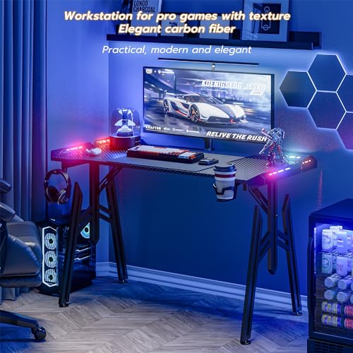 WEMUZVIU 47 Inch Gaming Desk with LED Lights, Carbon Fibre Surface Computer Desk, Large Gaming Table Ergonomic, Home Office Desks Gamer Gamer Workstation with Cup Holder Headphone Hook (M-47 INCH-LED)