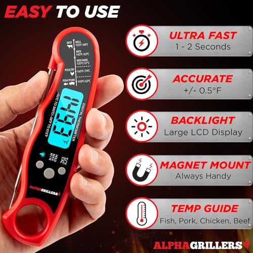 Alpha Grillers Instant Read Meat Thermometer for Cooking Grill and BBQ Griddle - Waterproof w/Backlight & Calibration for Food, Oven, Air Fryer Accessories, Kitchen Essentials, Stocking Stuffer Gifts