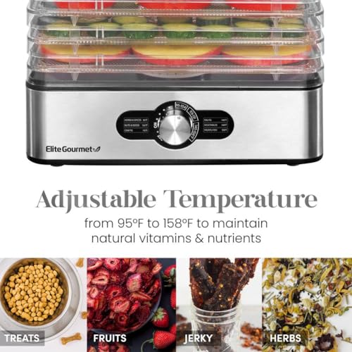 Elite Gourmet EFD3321 Food Dehydrator, Stainless Steel Trays Adjustable Temperature Controls, Jerky, Herbs, Fruit, Veggies, Dried Snacks, Stainless Steel