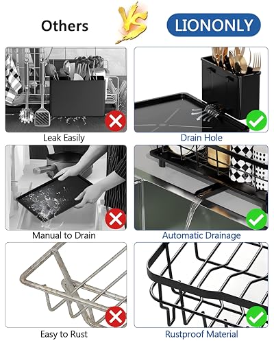 LIONONLY Dish Drying Rack, 2 Tier Dish Rack, Multifunctional Dish Drainer Rack Set, Dish Strainers for Kitchen Counter, Space Saving Drying Rack with Fork Holder, Black