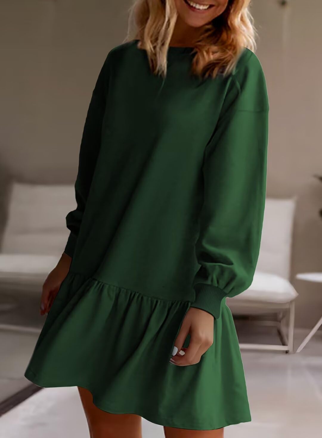 BLENCOT Mini Dress for Women 2024 Fall Winter Cute Patchwork Long Sleeve Ruffled Crewneck Sweatshirt Dresses Casual Sport Pullover Tops Green Small