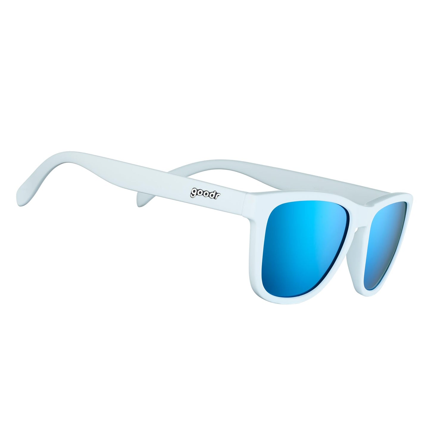 goodr Iced By Yetis Polarized Sunglasses for Men & Women, White Solid Frame with Blue Reflective Lens, UV400 Protection, No Slip