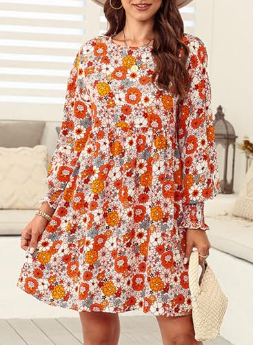 Dokotoo Fall Outfits for Women 2024 Long Sleeve Fall Dresses Cute Babydoll Dress Casual Floral Dress Loose Crew Neck Mini Dress Flowy Swing Shift Dresses Orange Plus Size Dresses for Curvy Women M