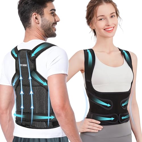 Fit Geno Back Brace Posture Corrector for Women and Men, Shoulder Straightener, Adjustable Full Back Support, Upper and Lower Back Pain Relief - Scoliosis, Hunchback, Hump, Thoracic, Spine Corrector