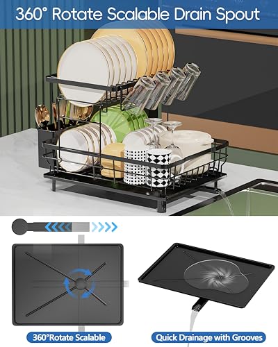 LIONONLY Dish Drying Rack, 2 Tier Dish Rack, Multifunctional Dish Drainer Rack Set, Dish Strainers for Kitchen Counter, Space Saving Drying Rack with Fork Holder, Black