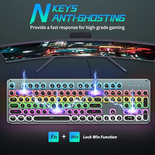 Typewriter Mechanical Gaming Keyboard and Mouse, Metal Panel Retro Keyboard with Round Keycap Blue Switch, RGB Backlit 104 Keys Anti-Ghost Wired Keyboard Mouse and Pad Combo for PC Laptop Mac Gamer