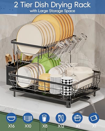 LIONONLY Dish Drying Rack, 2 Tier Dish Rack, Multifunctional Dish Drainer Rack Set, Dish Strainers for Kitchen Counter, Space Saving Drying Rack with Fork Holder, Black