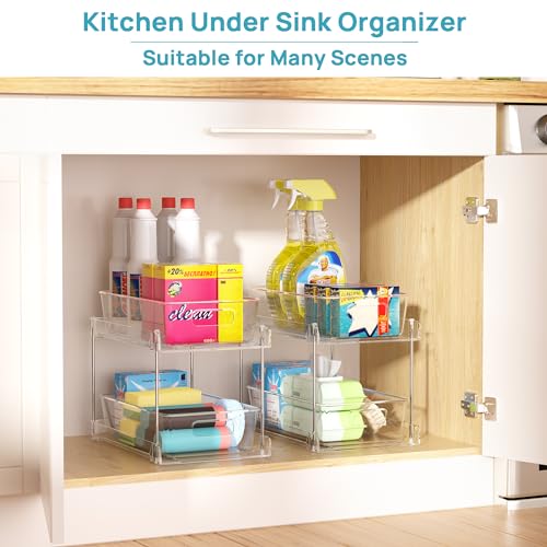 Vtopmart 2 Tier Bathroom Storage Organizer, 4 Pack Clear Under Sink Organizers Vanity Countertop Storage Container, Medicine Cabinet Drawers Bins, Pull-Out Organization with Track for Pantry, Kitchen