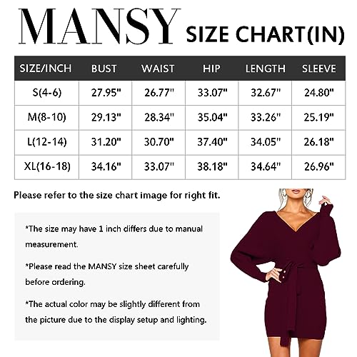 Mansy Women's Sexy Cocktail Batwing Long Sleeve Backless Mock Wrap Knit Sweater Mini Dress Burgundy