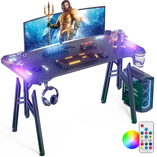 WEMUZVIU 47 Inch Gaming Desk with LED Lights, Carbon Fibre Surface Computer Desk, Large Gaming Table Ergonomic, Home Office Desks Gamer Gamer Workstation with Cup Holder Headphone Hook (M-47 INCH-LED)