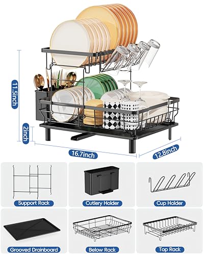 LIONONLY Dish Drying Rack, 2 Tier Dish Rack, Multifunctional Dish Drainer Rack Set, Dish Strainers for Kitchen Counter, Space Saving Drying Rack with Fork Holder, Black