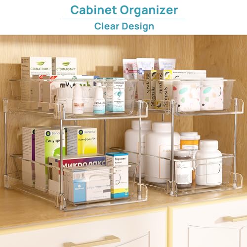 Vtopmart 2 Tier Bathroom Storage Organizer, 4 Pack Clear Under Sink Organizers Vanity Countertop Storage Container, Medicine Cabinet Drawers Bins, Pull-Out Organization with Track for Pantry, Kitchen