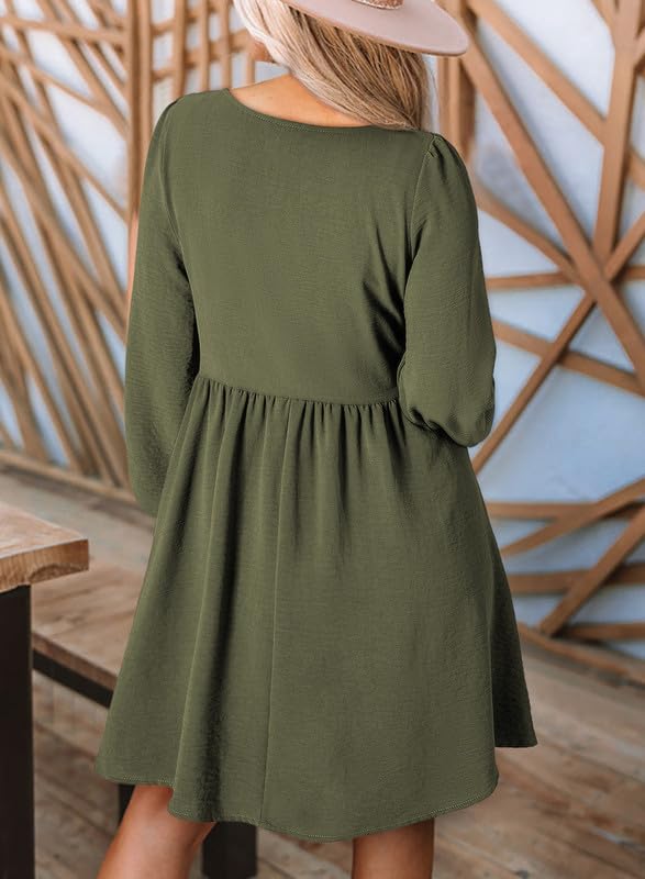 Dokotoo Casual Dresses for Women 2024 Fall Crewneck Long Sleeve Empire Waist Dress Fashion Smocked A-line Flowy Elegant Dresses Green Medium