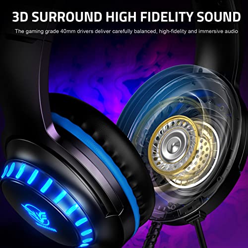 Pacrate Gaming Headset for PS5/PS4/Xbox One/Nintendo Switch/PC/Mac, PS5 Headset with Microphone Xbox Headset with LED Lights, Noise Cancelling PS4 Headset for Kids Adults - Blue