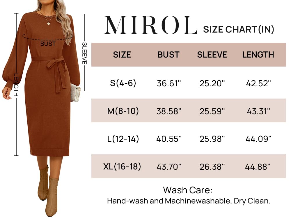 MIROL Women's 2024 Fall Sweater Dress Crew Neck Long Puff Sleeve Tie Waist Knit Midi Dress with Belt Black