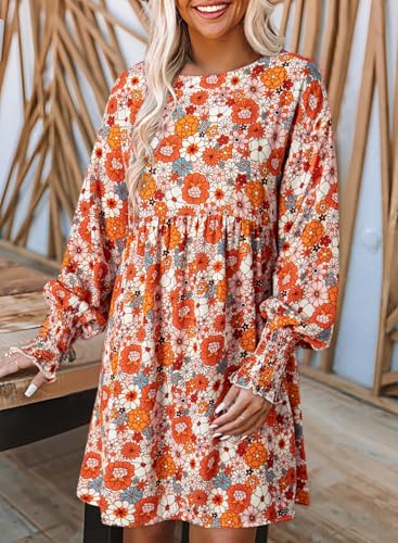 Dokotoo Fall Outfits for Women 2024 Long Sleeve Fall Dresses Cute Babydoll Dress Casual Floral Dress Loose Crew Neck Mini Dress Flowy Swing Shift Dresses Orange Plus Size Dresses for Curvy Women M