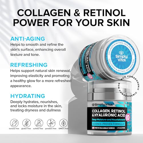 SimplyVital Collagen, Retinol & Hyaluronic Acid Cream - Anti-Aging Face Moisturizer for Face, Neck & Décolleté - Made in USA, Daily Moisturizer Face Cream - 1.7 fl.oz.