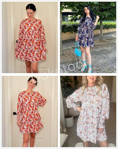 Dokotoo Fall Outfits for Women 2024 Long Sleeve Fall Dresses Cute Babydoll Dress Casual Floral Dress Loose Crew Neck Mini Dress Flowy Swing Shift Dresses Orange Plus Size Dresses for Curvy Women M