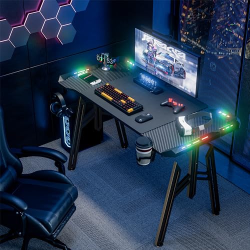 WEMUZVIU 47 Inch Gaming Desk with LED Lights, Carbon Fibre Surface Computer Desk, Large Gaming Table Ergonomic, Home Office Desks Gamer Gamer Workstation with Cup Holder Headphone Hook (M-47 INCH-LED)