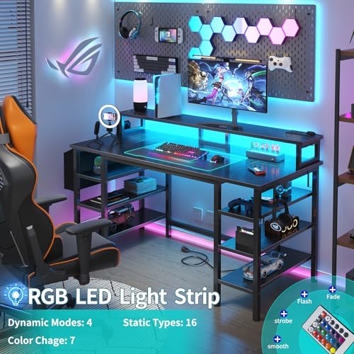 Lufeiya Gaming Desk with LED Lights and Storage Shelves, 47 inch Computer Desk with Power Outlets, Home Office Desk with Monitor Stand, Writing Table PC Desks, Black