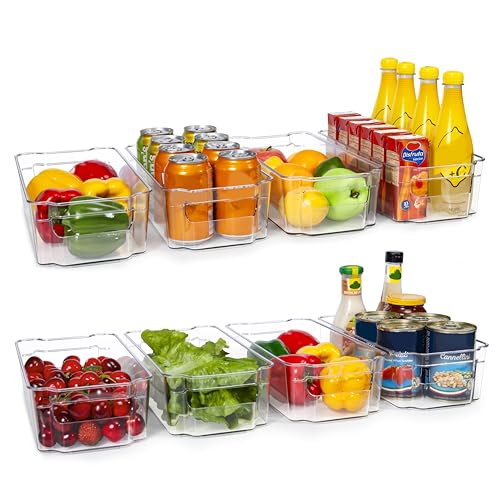 HOOJO Refrigerator Organizer Bins - 8pcs Clear Plastic Bins For Fridge, Freezer, Kitchen Cabinet, Pantry Organization, BPA Free Fridge Organizer, 12.5" Long, Clear