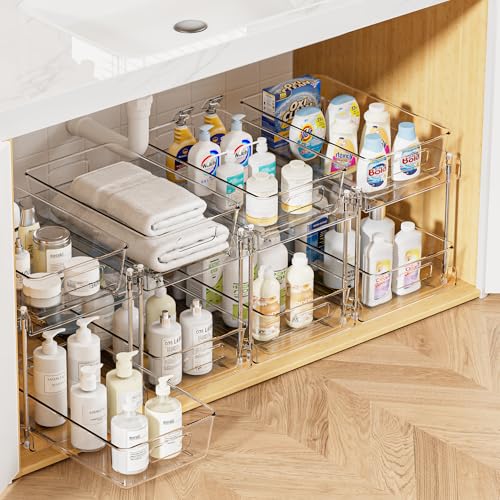 Vtopmart 2 Tier Bathroom Storage Organizer, 4 Pack Clear Under Sink Organizers Vanity Countertop Storage Container, Medicine Cabinet Drawers Bins, Pull-Out Organization with Track for Pantry, Kitchen