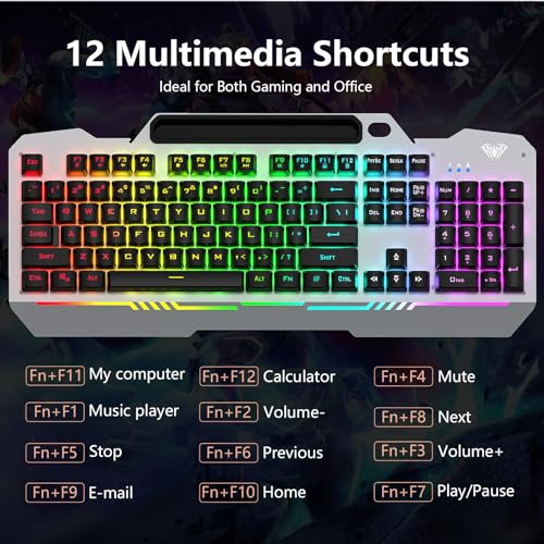 AULA Keyboard, T102 104 Keys Gaming Keyboard and Mouse Combo with RGB Backlit Quiet Computer Keyboard, All-Metal Panel, Waterproof Light Up PC Keyboard, USB Wired Keyboard Gaming for MAC Xbox PC Gamer