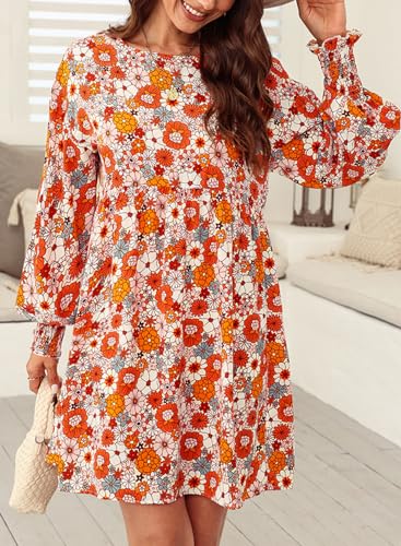 Dokotoo Fall Outfits for Women 2024 Long Sleeve Fall Dresses Cute Babydoll Dress Casual Floral Dress Loose Crew Neck Mini Dress Flowy Swing Shift Dresses Orange Plus Size Dresses for Curvy Women M