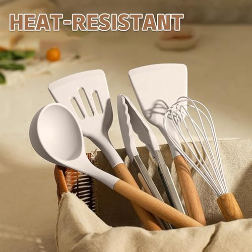 Umite Chef Kitchen Cooking Utensils Set, 33 pcs Non-Stick Silicone Cooking Kitchen Utensils Spatula Set with Holder, Wooden Handle Silicone Kitchen Gadgets Utensil Set (Khaki)