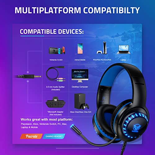 Pacrate Gaming Headset for PS5/PS4/Xbox One/Nintendo Switch/PC/Mac, PS5 Headset with Microphone Xbox Headset with LED Lights, Noise Cancelling PS4 Headset for Kids Adults - Blue