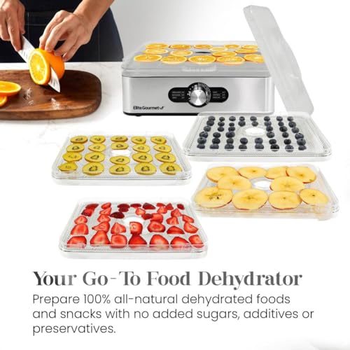 Elite Gourmet EFD3321 Food Dehydrator, Stainless Steel Trays Adjustable Temperature Controls, Jerky, Herbs, Fruit, Veggies, Dried Snacks, Stainless Steel