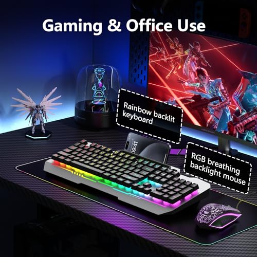 AULA Keyboard, T102 104 Keys Gaming Keyboard and Mouse Combo with RGB Backlit Quiet Computer Keyboard, All-Metal Panel, Waterproof Light Up PC Keyboard, USB Wired Keyboard Gaming for MAC Xbox PC Gamer