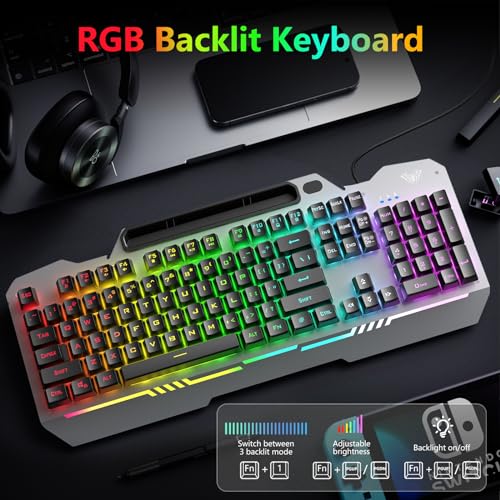 AULA Keyboard, T102 104 Keys Gaming Keyboard and Mouse Combo with RGB Backlit Quiet Computer Keyboard, All-Metal Panel, Waterproof Light Up PC Keyboard, USB Wired Keyboard Gaming for MAC Xbox PC Gamer