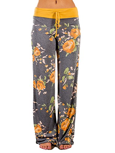 iChunhua Women's Comfy Stretch Floral Print Drawstring Palazzo Wide Leg Lounge Pants(L,Yellow)