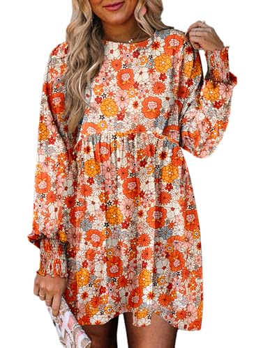 Dokotoo Fall Outfits for Women 2024 Long Sleeve Fall Dresses Cute Babydoll Dress Casual Floral Dress Loose Crew Neck Mini Dress Flowy Swing Shift Dresses Orange Plus Size Dresses for Curvy Women M