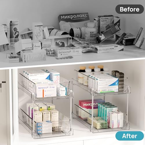 Vtopmart 2 Tier Bathroom Storage Organizer, 4 Pack Clear Under Sink Organizers Vanity Countertop Storage Container, Medicine Cabinet Drawers Bins, Pull-Out Organization with Track for Pantry, Kitchen