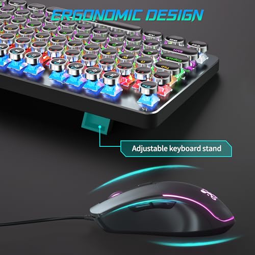 Typewriter Mechanical Gaming Keyboard and Mouse, Metal Panel Retro Keyboard with Round Keycap Blue Switch, RGB Backlit 104 Keys Anti-Ghost Wired Keyboard Mouse and Pad Combo for PC Laptop Mac Gamer