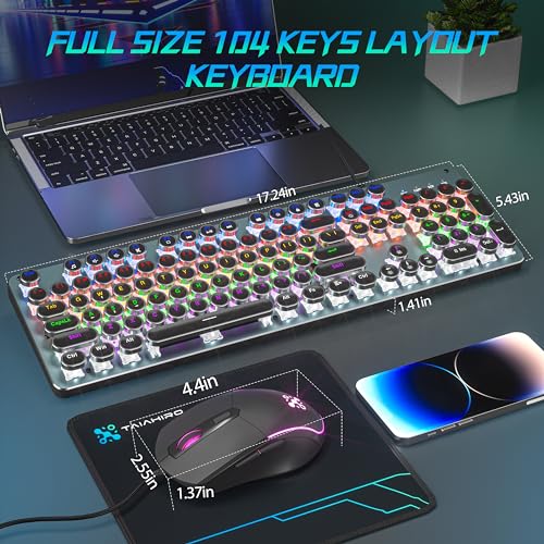 Typewriter Mechanical Gaming Keyboard and Mouse, Metal Panel Retro Keyboard with Round Keycap Blue Switch, RGB Backlit 104 Keys Anti-Ghost Wired Keyboard Mouse and Pad Combo for PC Laptop Mac Gamer