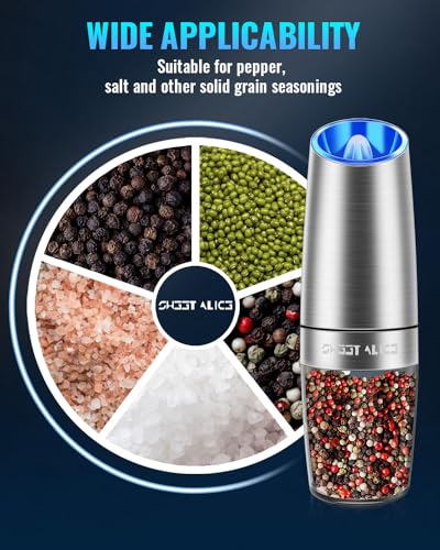 Gravity Electric Pepper and Salt Grinder Set, Salt and Pepper Mill & Adjustable Coarseness, Battery Powered with LED Light, One Hand Automatic Operation, Stainless Steel (Set/Silver)