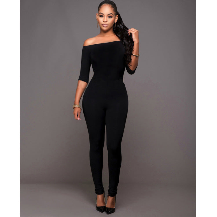 Women's Straight Neck Mid-sleeve Jumpsuit Jumpsuit