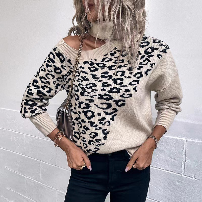 Leopard Print Stud For Autumn And Winter Women's Long-sleeved Sweater Shoulder-baring Sweater