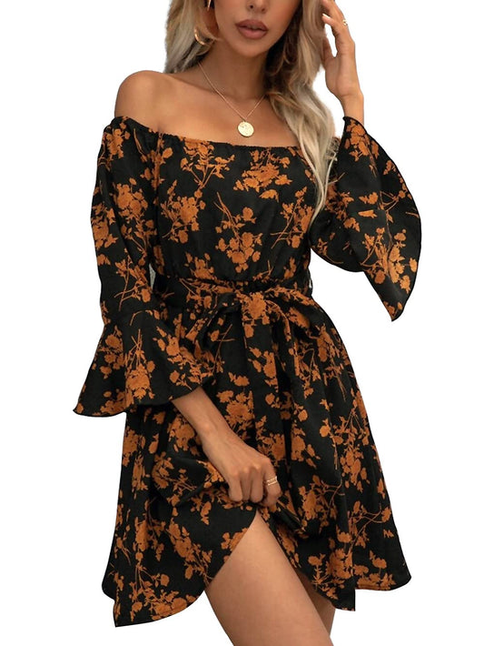 JECEIKA Womens Off Shoulder Dress Ruffle Floral Fall Wedding Guest Dresses 2024 A Line Tied Belted Short Skater Dress Medium Caramel