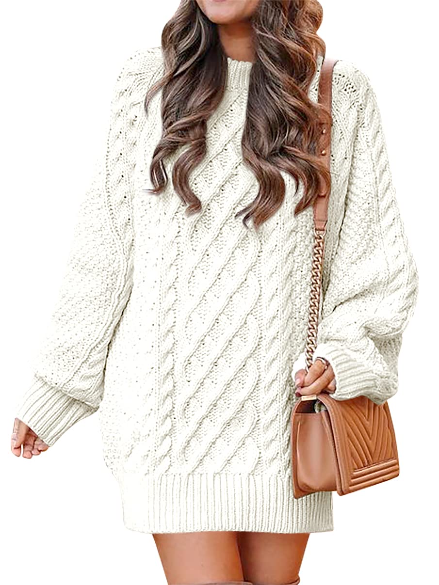 ANRABESS Women Long Sleeve Oversized Cable Knit Chunky Baggy Loose Pullover Tunic Mini Sweater Dress 2024 Trendy Fall Outfits White Large