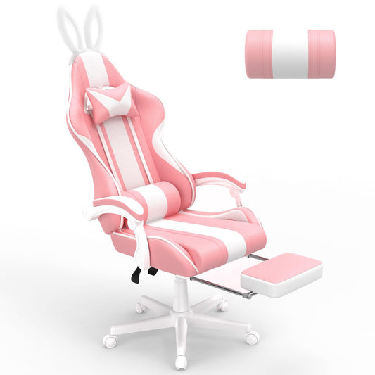 Ferghana Kawaii Pink Gaming Chair with Bunny Ears, Ergonomic Cute Gamer Chair with Footrest and Massage, Racing Reclining Home Computer Game Chair for Girls Adults Teens Kids