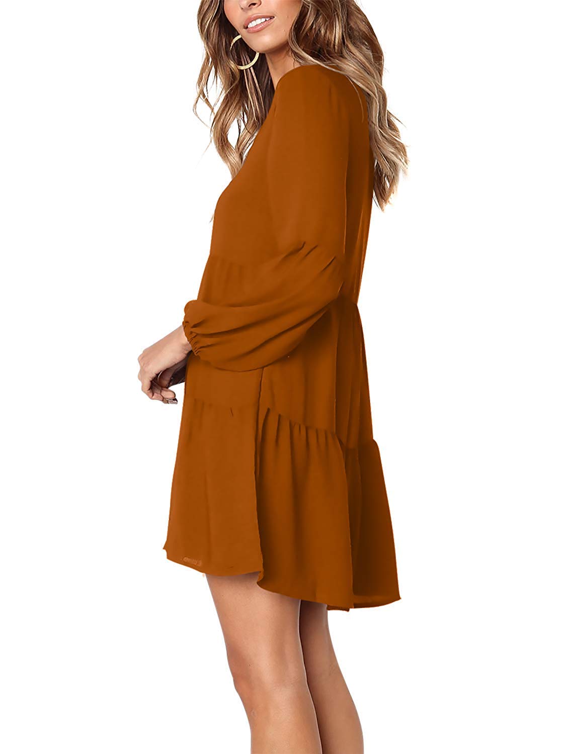 Amoretu Women Long Sleeve Tunic Dress V Neck Swing Shift Dresses(Brown,Medium)